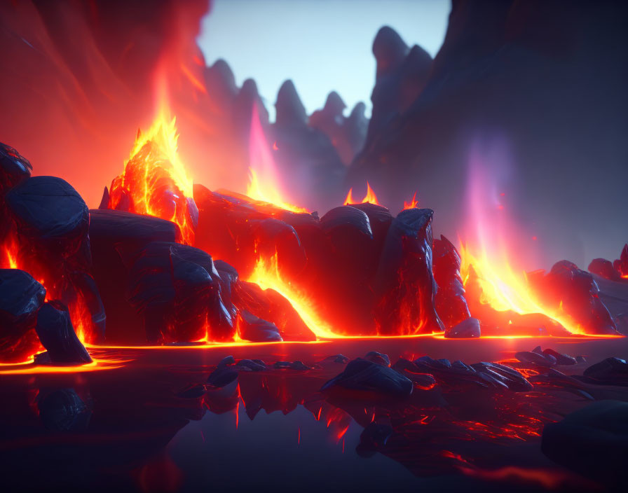 Volcanic landscape with glowing lava flows and jagged rocks at dusk