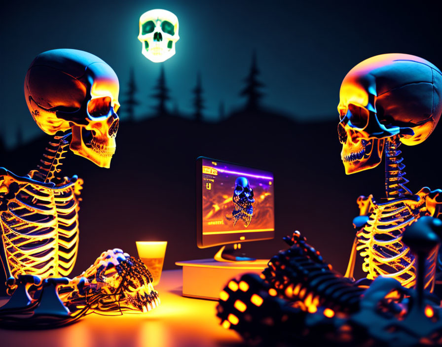 Skeletons at desk with computer and floating luminous skull in night setting