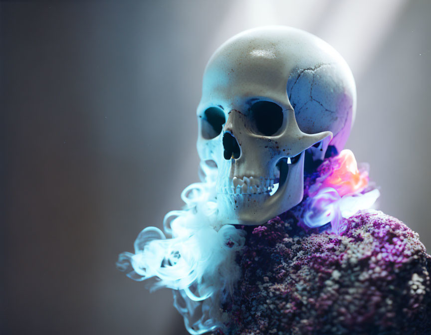 Blue and Purple Smoke Swirling Around Human Skull