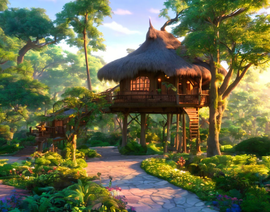 Tranquil forest scene with thatched-roof treehouse and lush greenery