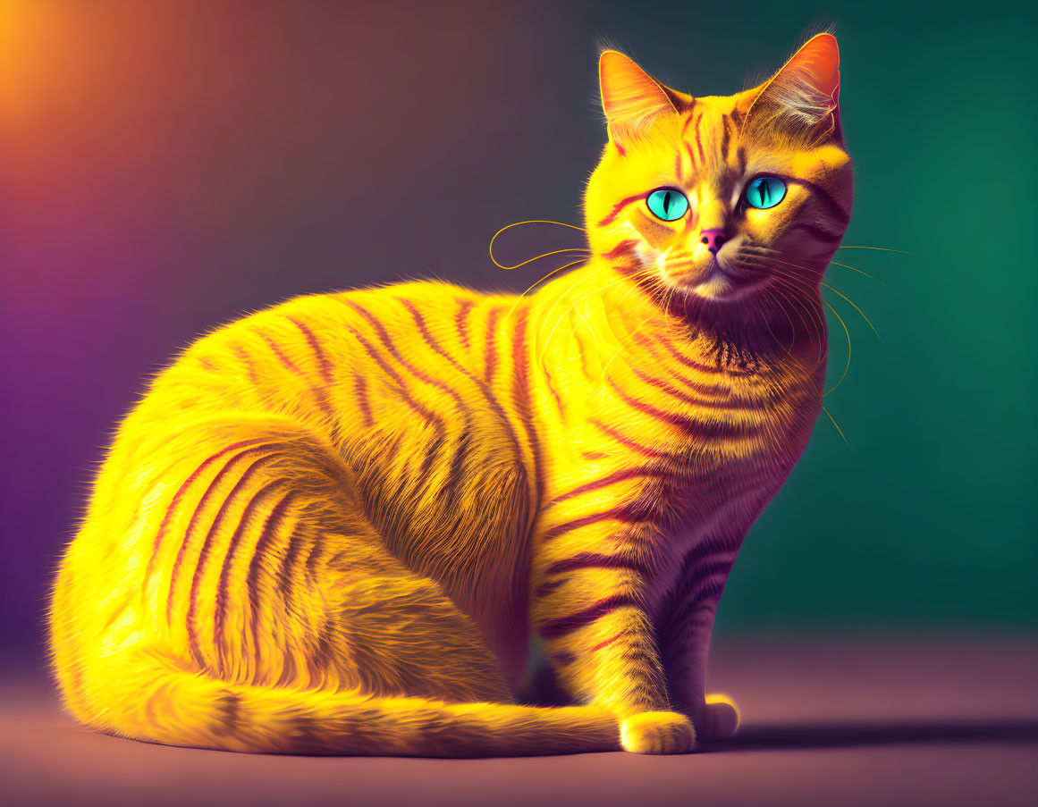 Digitally created orange striped cat with blue eyes on multicolored background