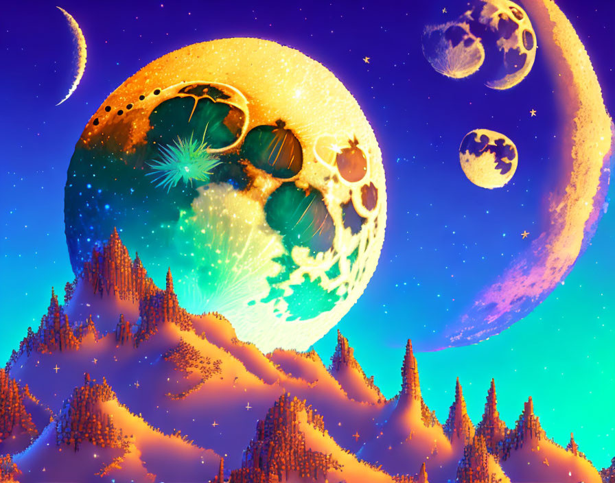 Surreal landscape with neon pine trees and colorful moons