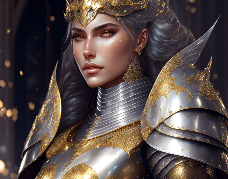 Silver-haired female warrior in ornate golden armor and crown symbolizes regal strength.