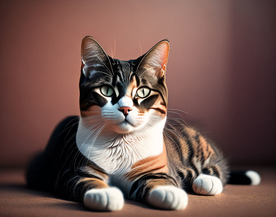 Striped Cat with White Paws Resting Under Warm Lighting