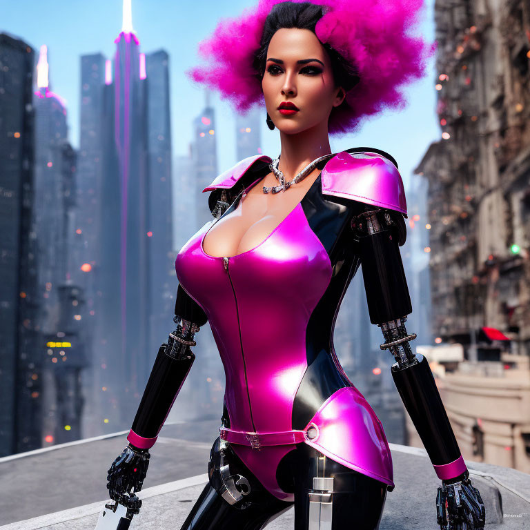 Female model in vibrant pink hair and futuristic armor against cityscape.