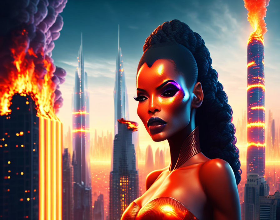 Futuristic woman with glowing makeup in cityscape with fiery explosions