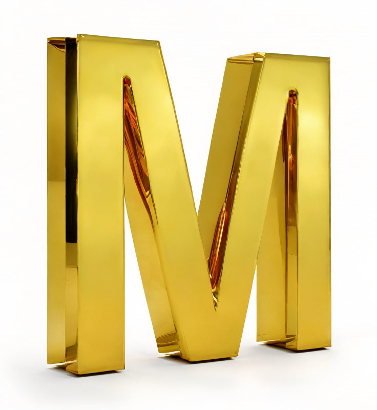 Shiny 3D Golden Letter "W" on White Background