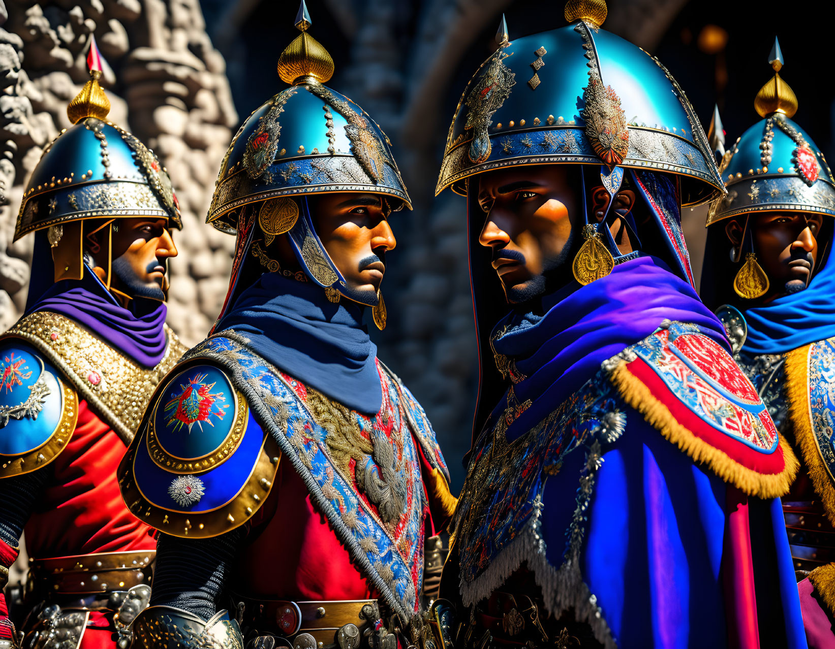 Medieval soldier figurines in ornate blue and red armor with golden helmets