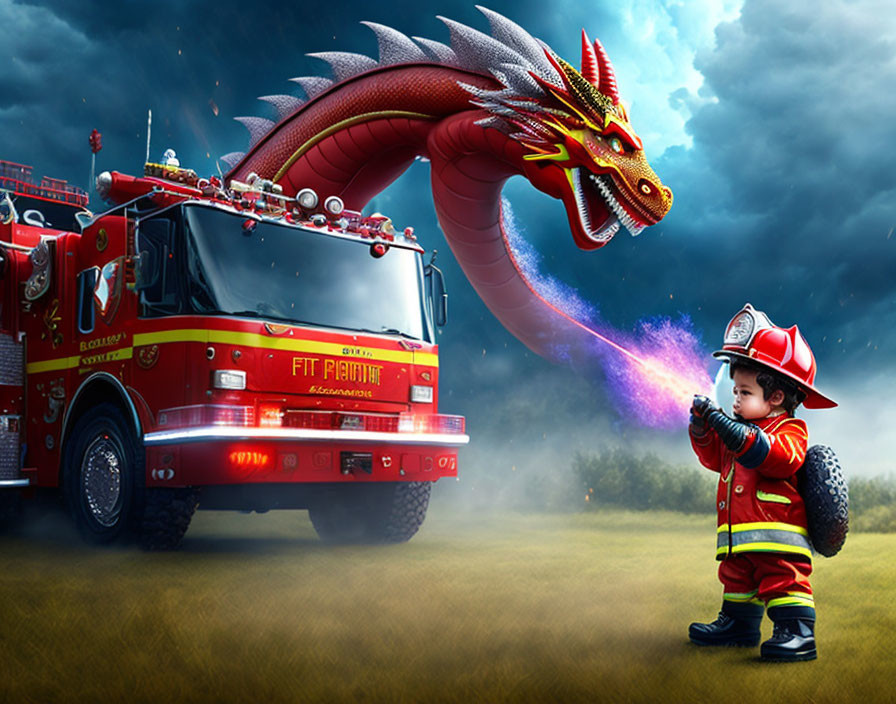 Child in firefighter costume sprays hose at red dragon on fire truck under dramatic sky