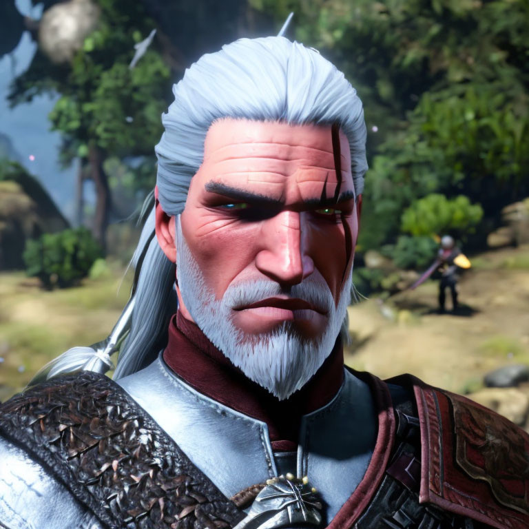 White-haired, bearded video game character in medieval armor with scar in forest.