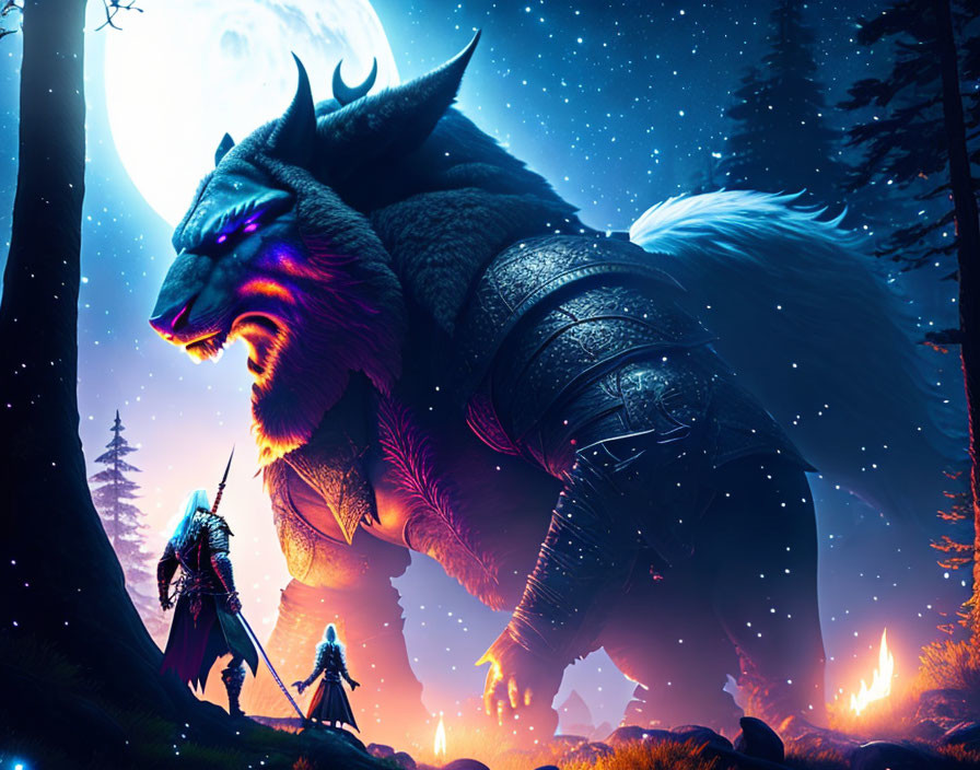 Two armored warriors confronting giant wolf in moonlit forest scene