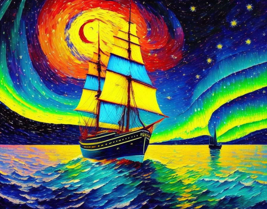 Colorful ship at sea painting with swirling skies like Starry Night.