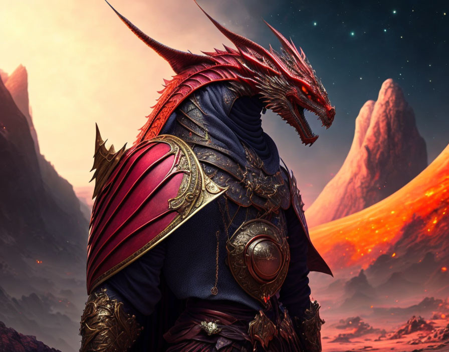 Dragon-headed warrior in ornate armor on fiery sky backdrop