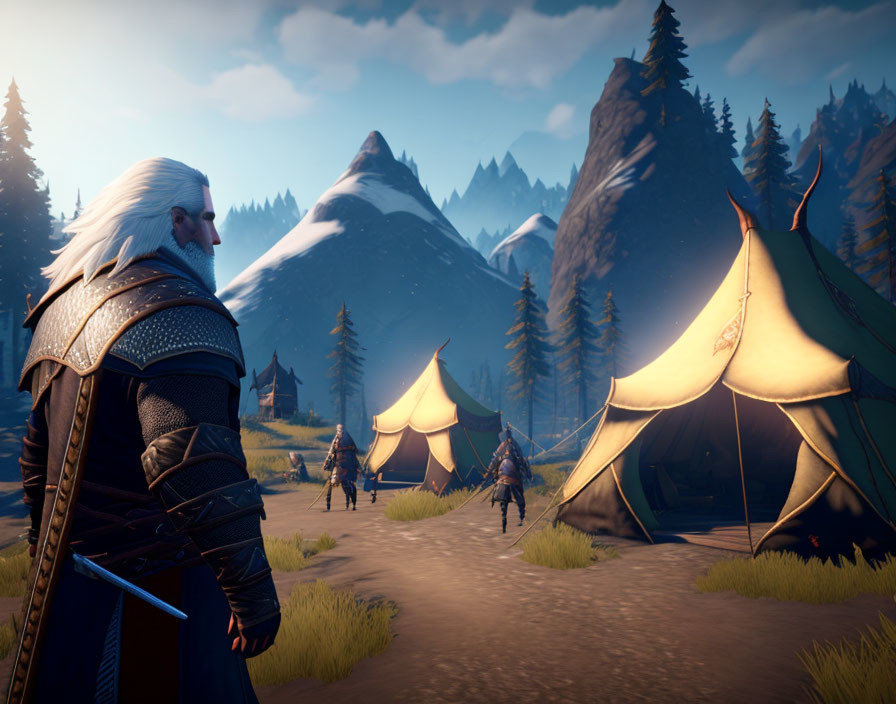 White-Haired Warrior in Medieval Setting Surveys Camp and Snowy Mountains