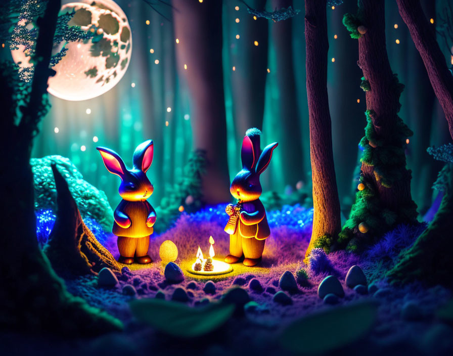 Illustrated rabbits in enchanted forest with campfire and full moon