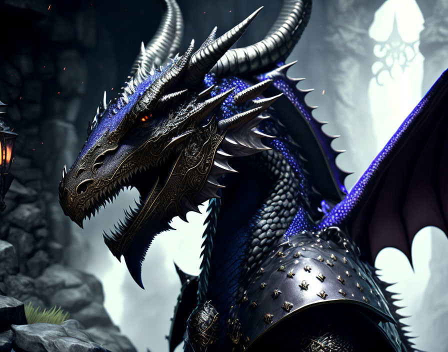 Majestic black dragon with blue eyes and horned scales on stone.