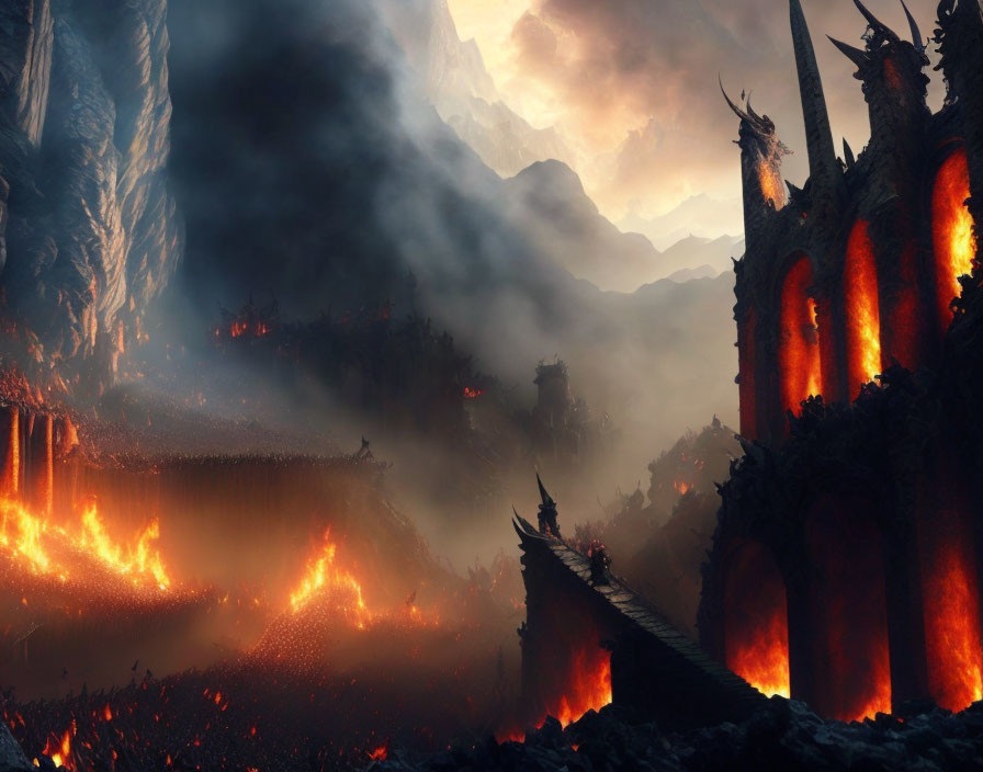 Apocalyptic landscape with molten lava and dark rock formations