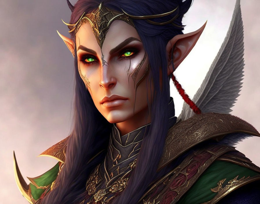 Vividly illustrated elf with green eyes, purple skin, golden armor