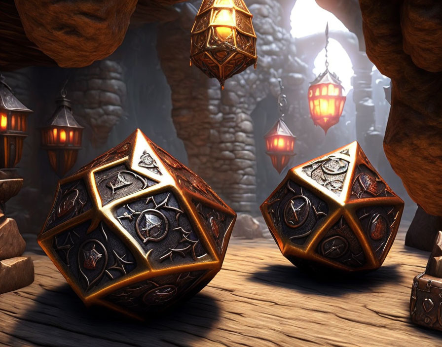 Fantasy-themed setting with ornate dice-like objects, glowing lanterns, and stone arches in