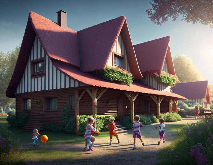 Large Fairytale Cottage with Red Roofs in Lush Greenery