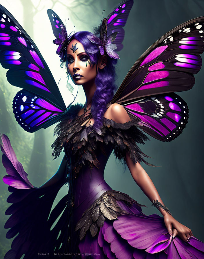 Purple-haired woman in butterfly costume with wings in mystical forest setting