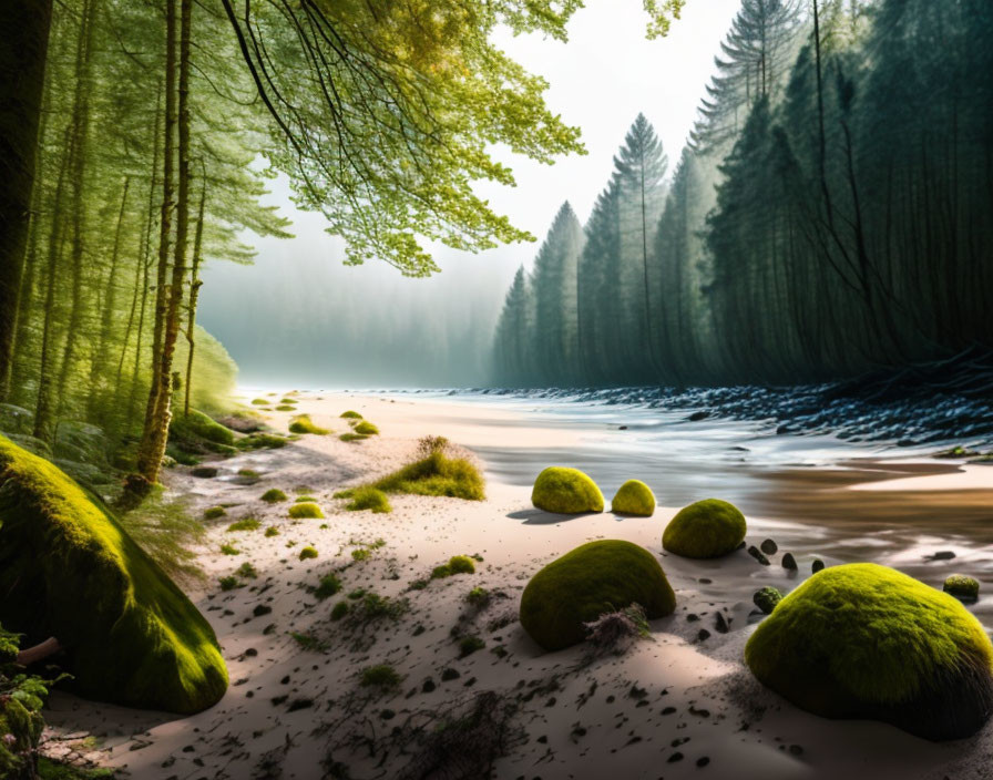 Tranquil River Bank with Moss-Covered Stones and Sunlit Forests