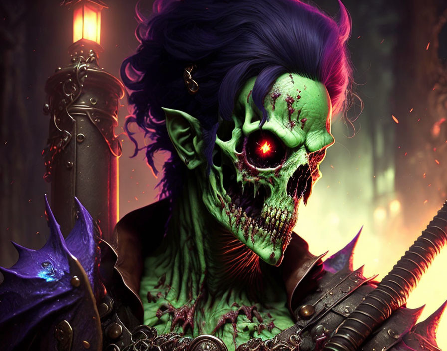 Detailed Artwork of Undead Creature with Glowing Eyes and Dark Armor