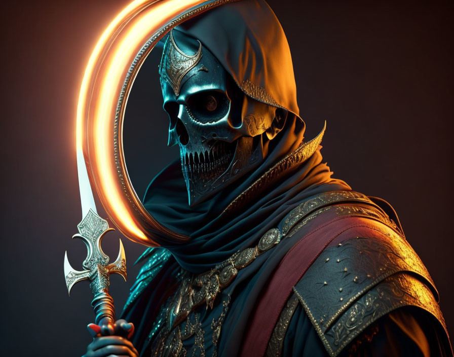 Hooded skeletal figure with glowing blue eyes holding ornate axe in dark setting