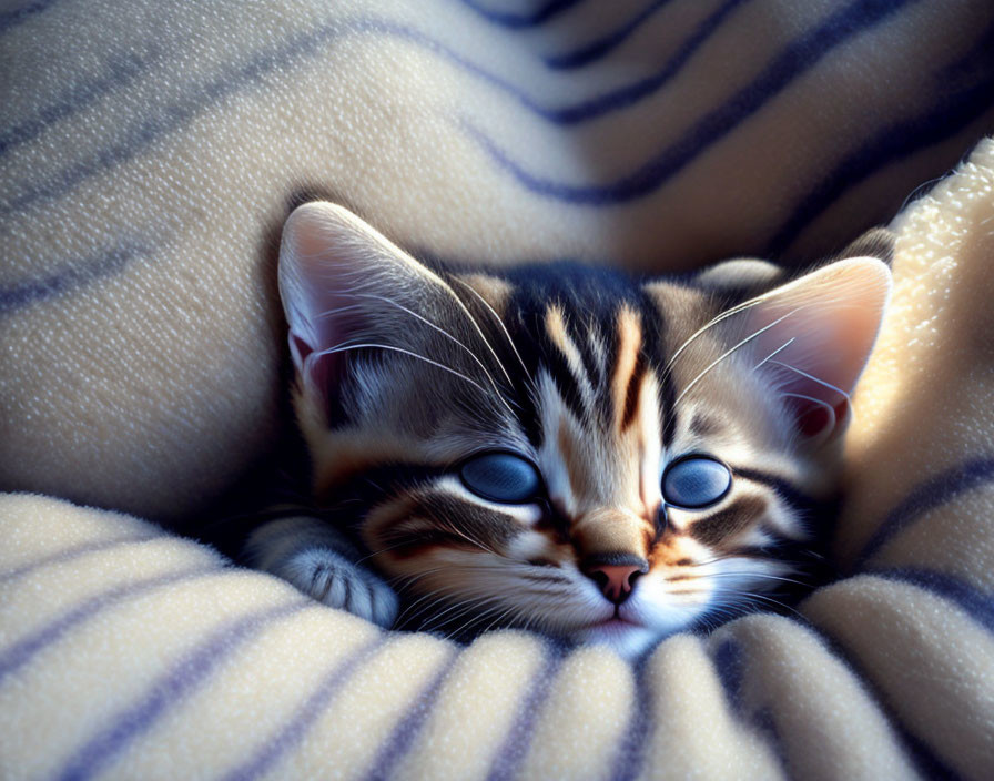 Adorable kitten with blue eyes in cozy blanket on blue stripes