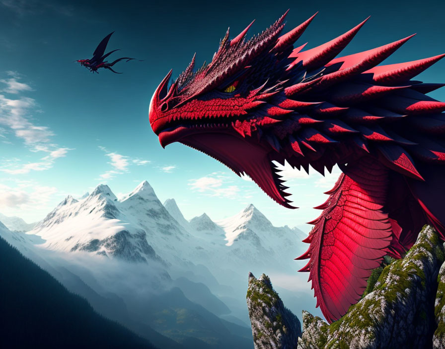 Two red dragons in mountainous landscape under clear sky