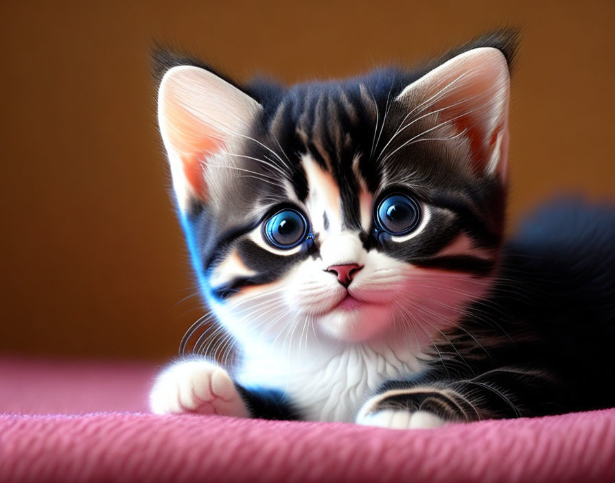 Adorable black-and-white kitten with large eyes on pink surface