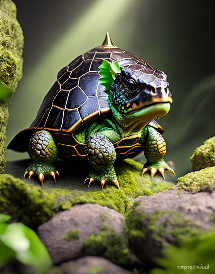 Digital artwork: Turtle with soccer ball shell on mossy background