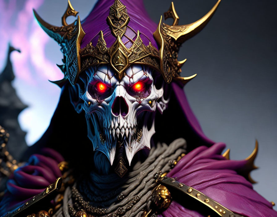 Detailed skull illustration with glowing red eyes and ornate purple helmet on dark backdrop