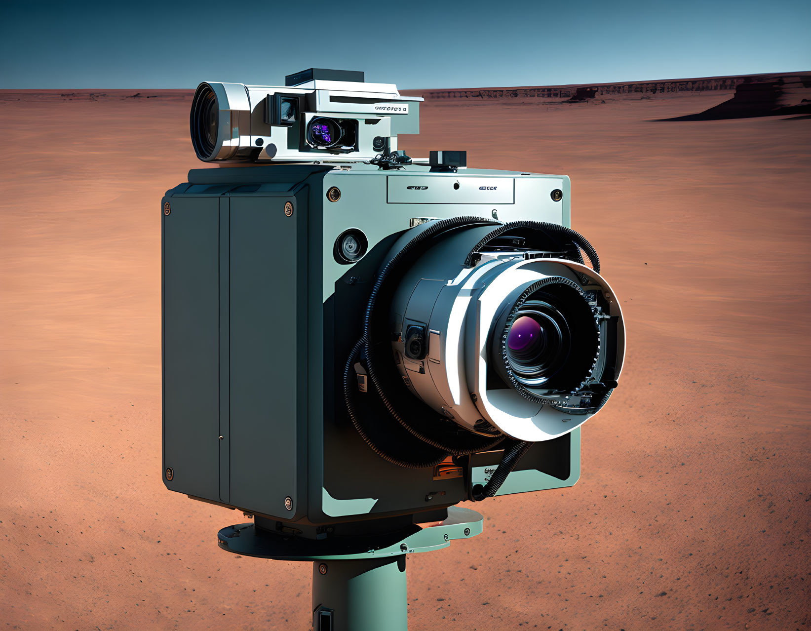 Vintage Camera on Tripod in Mars-Like Desert Landscape