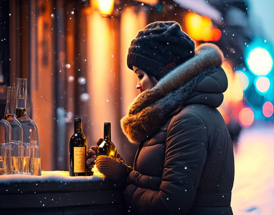 Person in Winter Attire with Lit Candle and Wine Bottles on Snowy Bar Counter