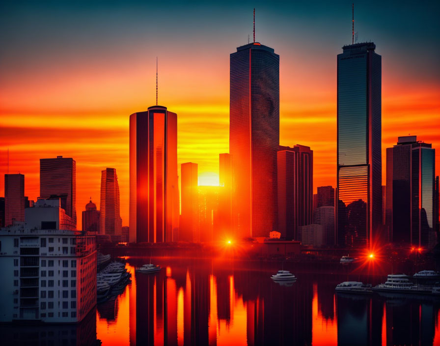 City skyline at sunset with skyscrapers silhouetted against orange sky