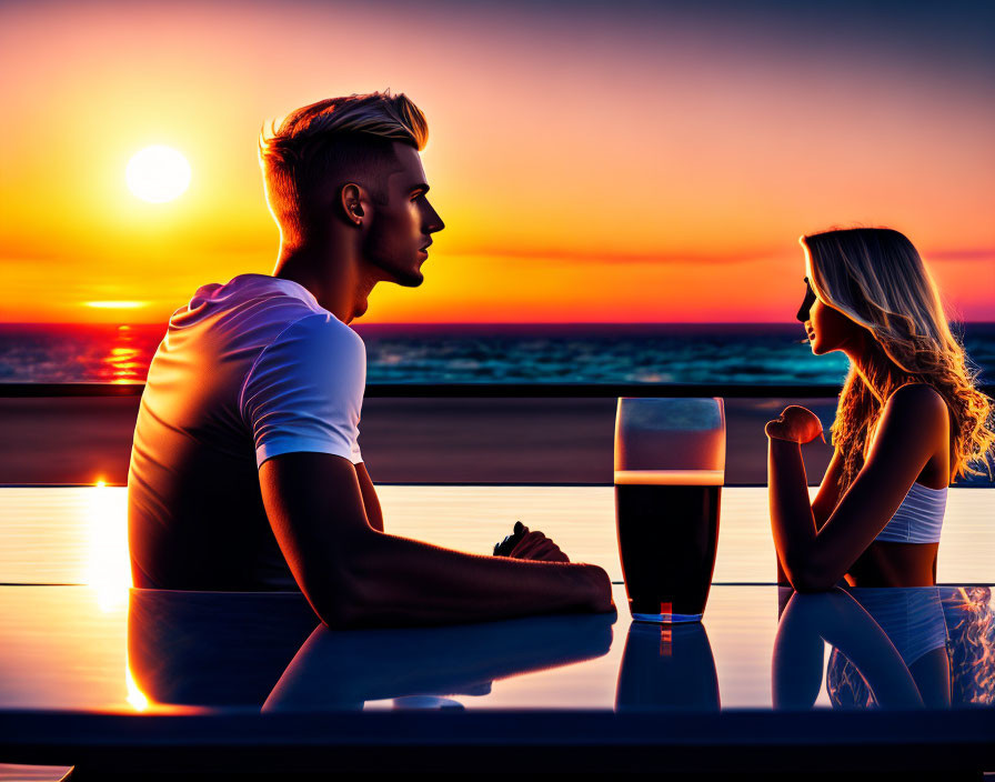 Couple watching sunset at beach bar with colorful skies and drinks.