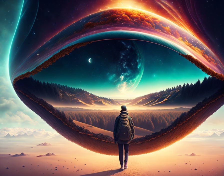 Surreal landscape with giant celestial body and vibrant colors