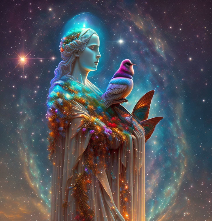 Starry woman with floral and bird elements in cosmic setting