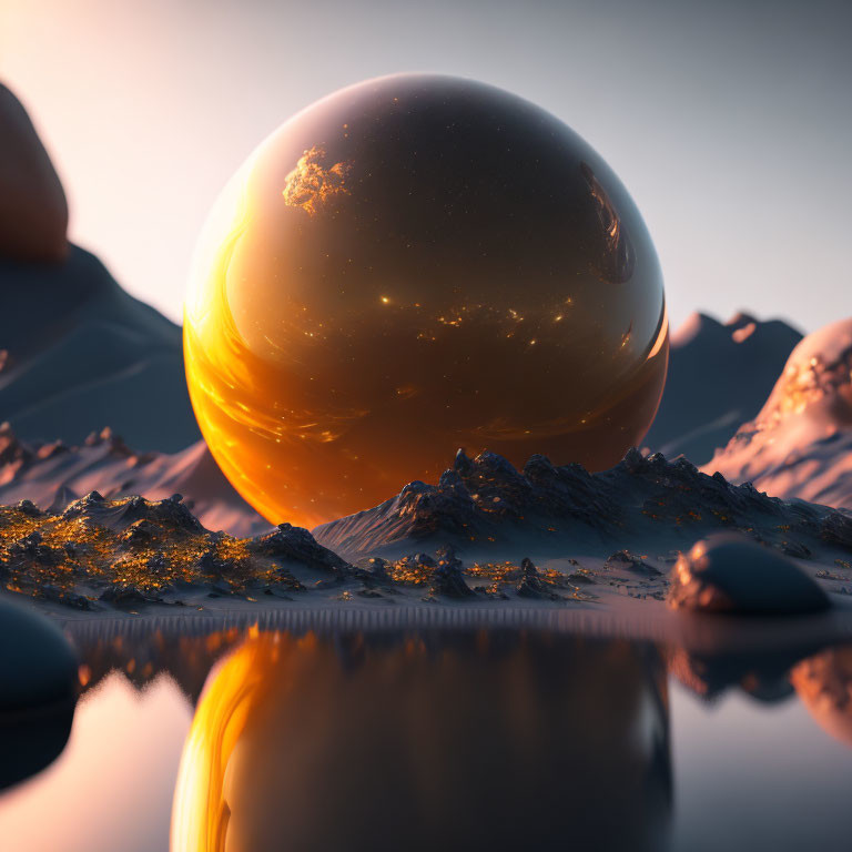 Surreal landscape with glossy orange sphere in rocky terrain and twilight sky