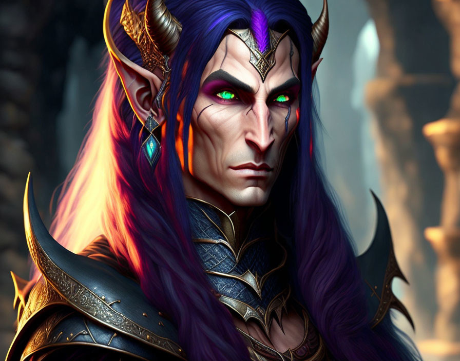 Fantasy elf illustration with purple skin and golden armor