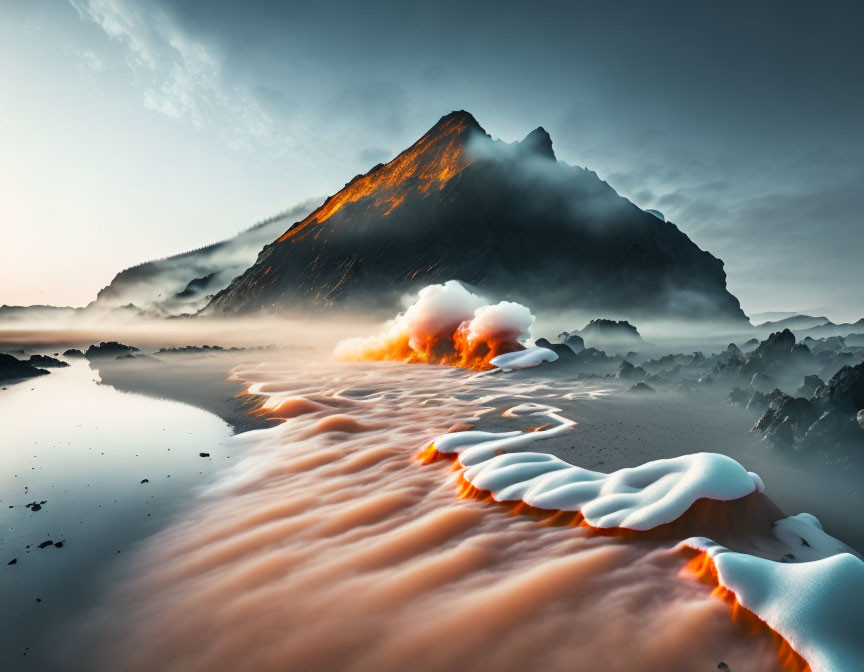 Twilight landscape with fiery orange mountain peak and snowy foreground