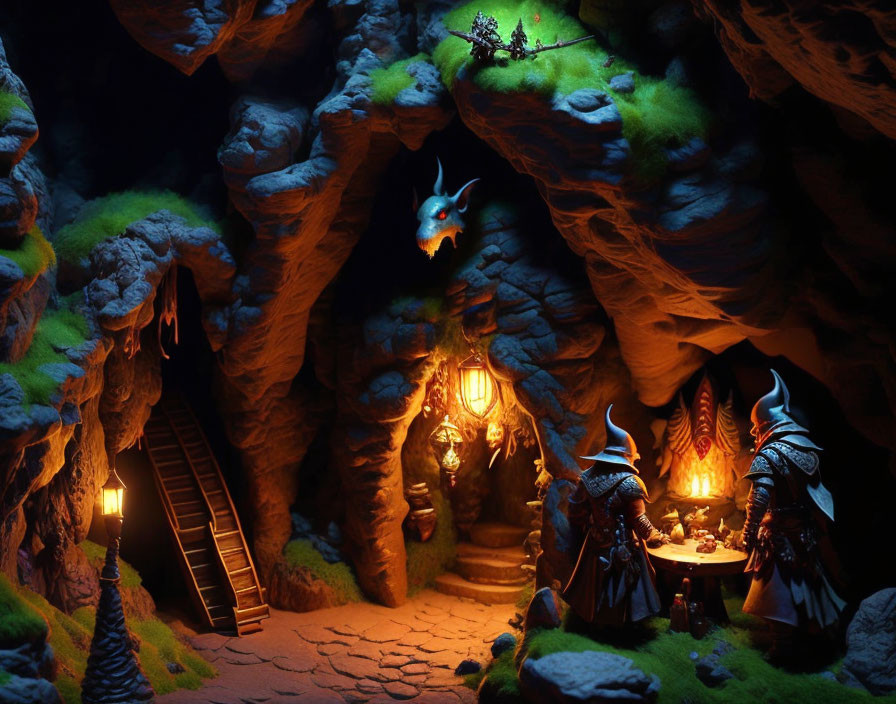 Armored figures, glowing lanterns, floating creature in lush cave scene