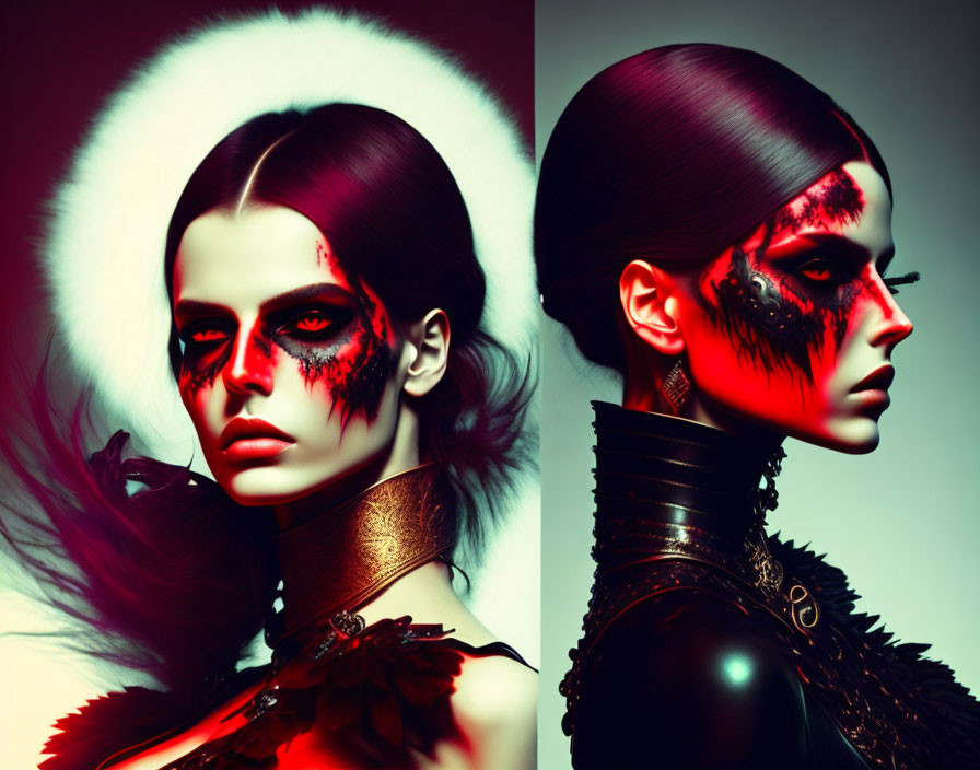 Stylized portraits of model with red and black makeup, dramatic lighting, avant-garde attire.