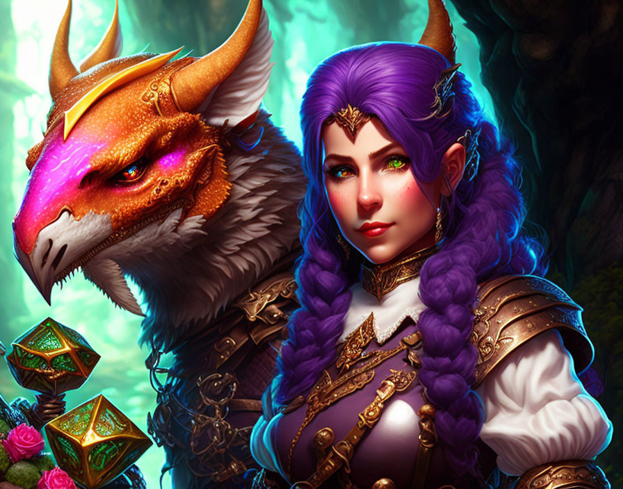 Fantasy Artwork: Woman with Purple Hair and Pointed Ears with Dragon in Enchanted