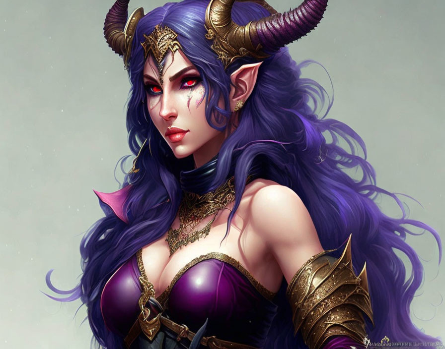 Fantasy Female Character: Blue Skin, Purple Hair, Horns, Elf-like Ears