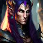 Fantasy illustration of female character with purple hair, elf-like ears, violet eyes, golden headpiece