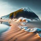 Twilight landscape with fiery orange mountain peak and snowy foreground