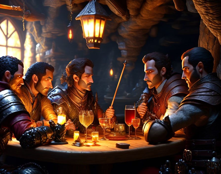 Medieval fantasy characters in tavern having serious conversation