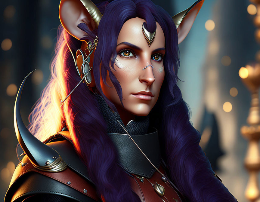 Fantasy illustration of female character with purple hair, elf-like ears, violet eyes, golden headpiece